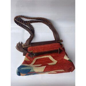 Vtg Kilim Purse Handcrafted Aztec Western Boho Leather Strap Wood Top Opening